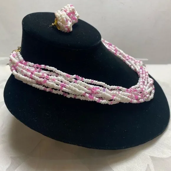 Vintage Pink and White Bohemian Glass MultiStrand Necklace Set NWT - Picture 3 of 15